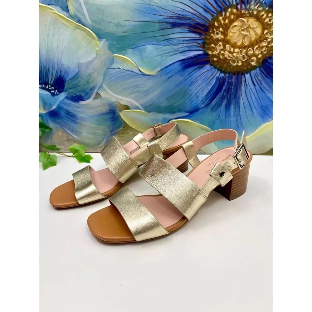 Kate Spade New York Metallic Gold Leather Slingback Block Heel Sandals Size 6.5